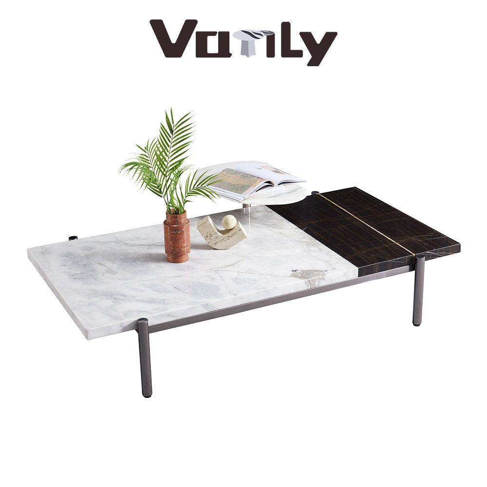 Black and white mosaic marble long tea table - VanlyFurnitre